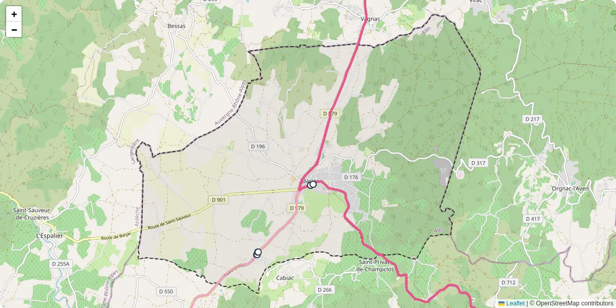 Carte du réseau de transport en commun à Barjac - lignes de bus et arrêts