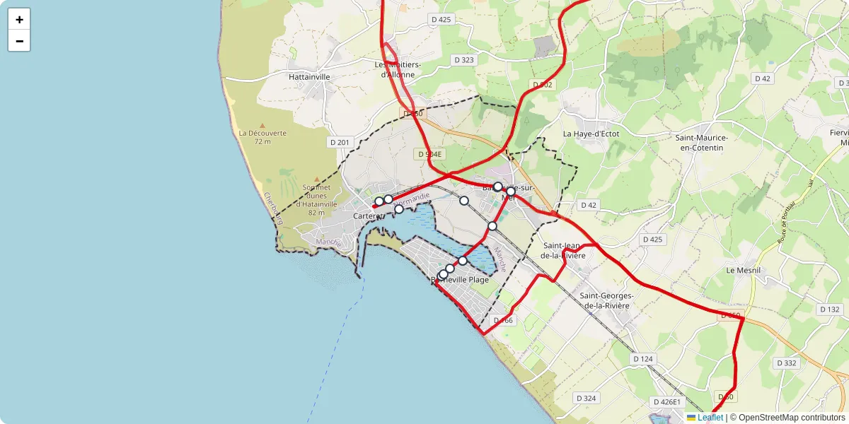 Carte du réseau de transport en commun à Barneville-Carteret - lignes de bus et arrêts