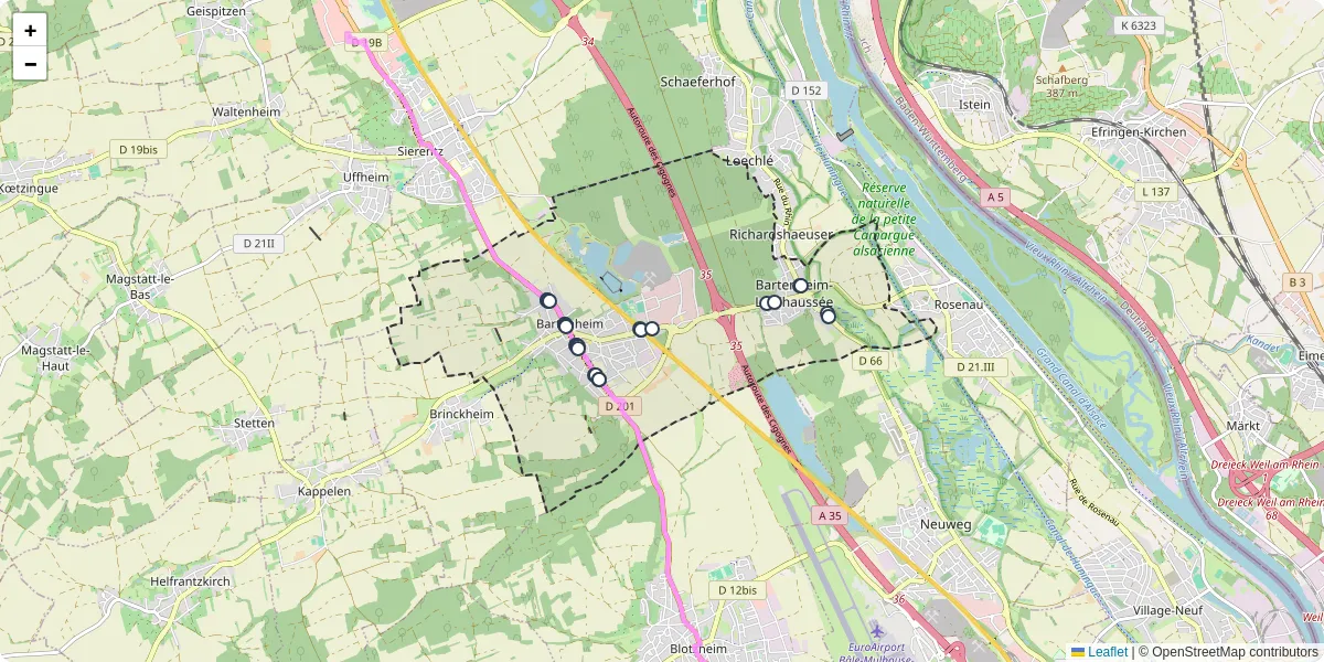 Carte du réseau de transport en commun à Bartenheim - lignes de bus et arrêts