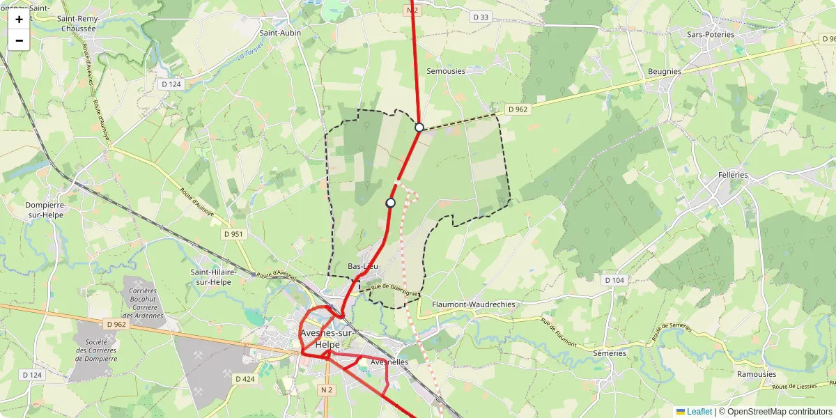 Carte du réseau de transport en commun à Bas-Lieu - lignes de bus et arrêts