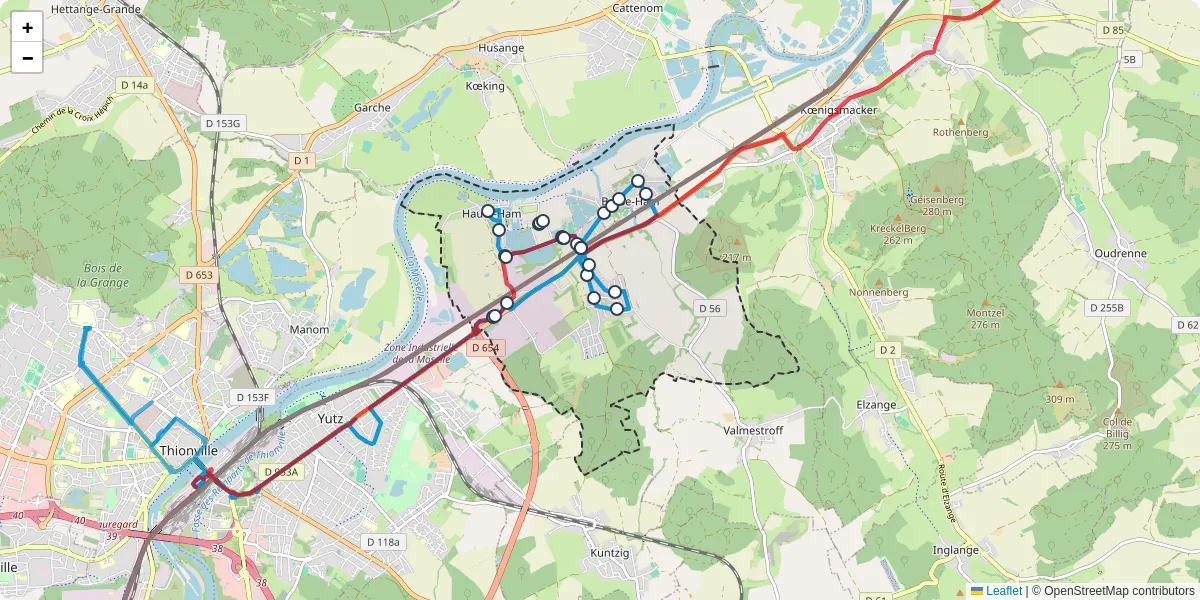 Carte du réseau de transport en commun à Basse-Ham - lignes de bus et arrêts