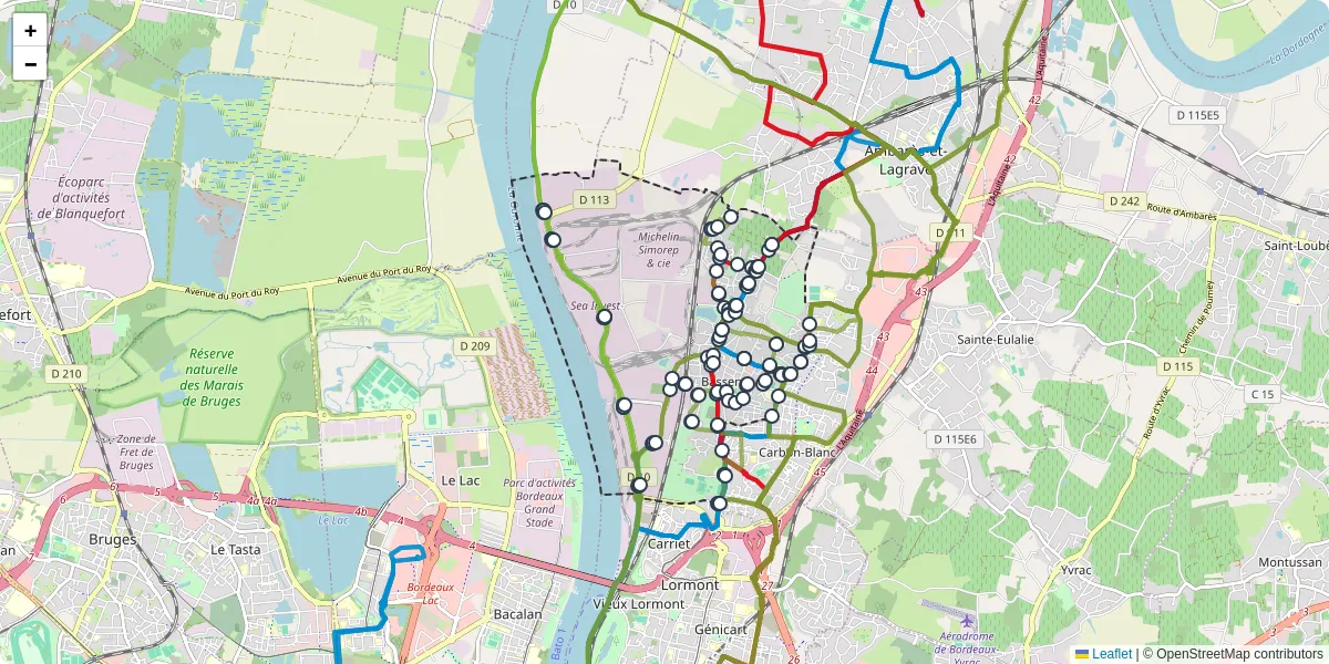 Carte du réseau de transport en commun à Bassens - lignes de bus et arrêts