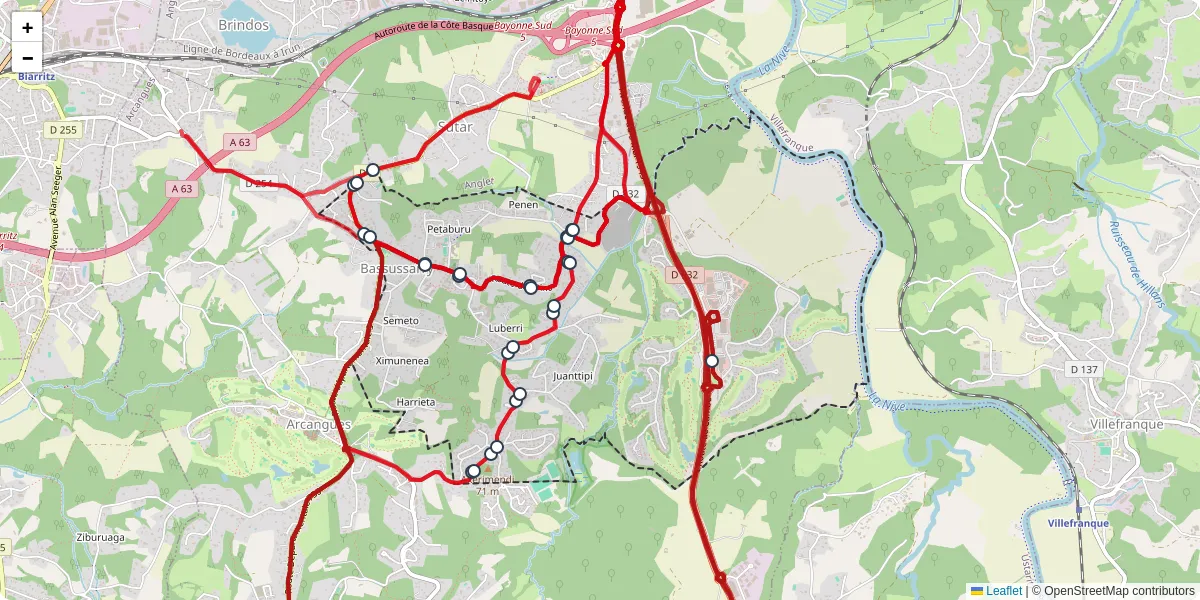 Carte du réseau de transport en commun à Bassussarry - lignes de bus et arrêts