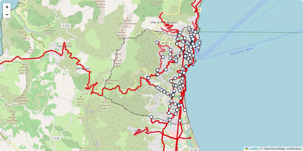 Carte du réseau de transport en commun à Bastia - lignes de bus et arrêts