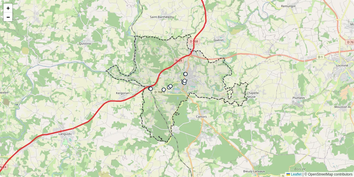 Carte du réseau de transport en commun à Baud - lignes de bus et arrêts