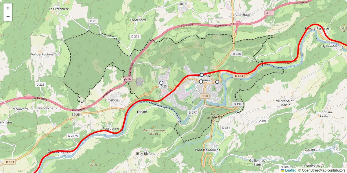 Carte du réseau de transport en commun à Baume-les-Dames - lignes de bus et arrêts