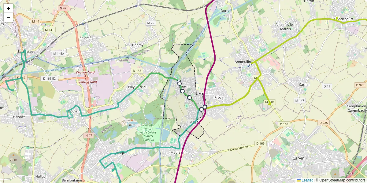 Carte du réseau de transport en commun à Bauvin - lignes de bus et arrêts