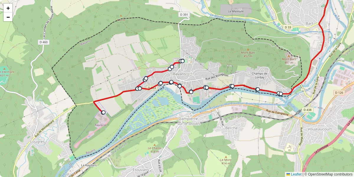 Carte du réseau de transport en commun à Bavans - lignes de bus et arrêts