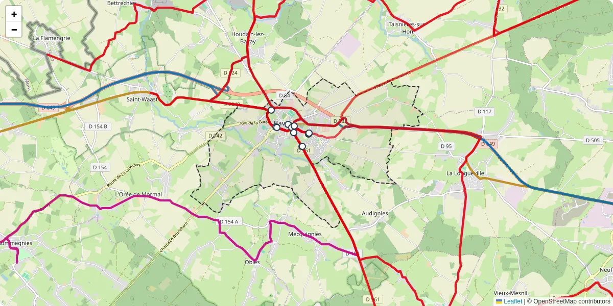 Carte du réseau de transport en commun à Bavay - lignes de bus et arrêts
