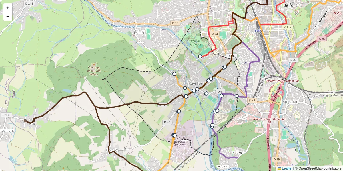 Carte du réseau de transport en commun à Bavilliers - lignes de bus et arrêts