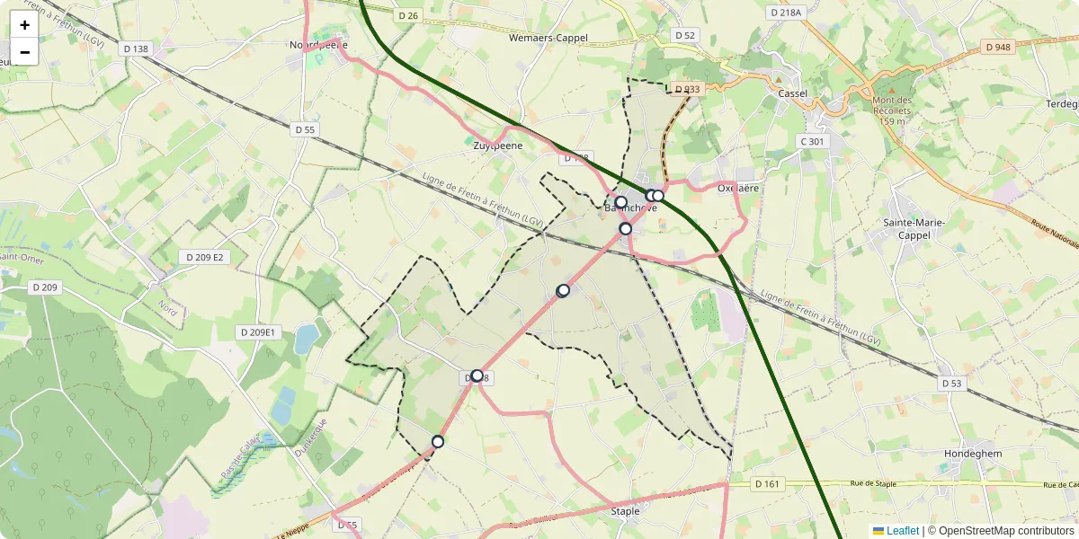 Carte du réseau de transport en commun à Bavinchove - lignes de bus et arrêts