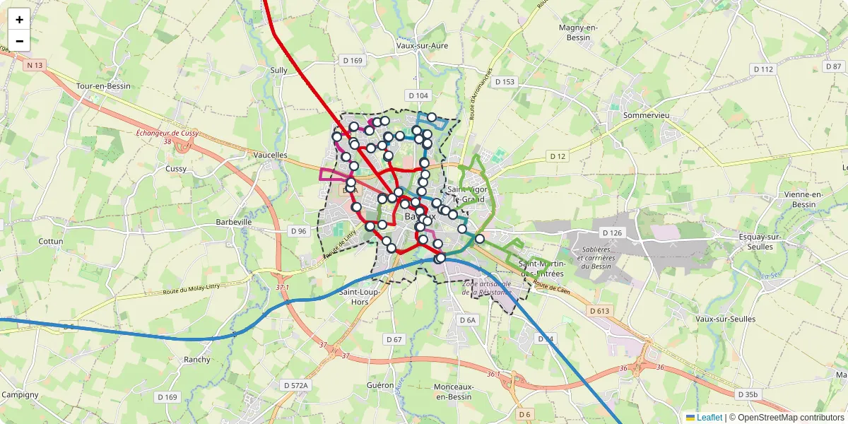 Carte du réseau de transport en commun à Bayeux - lignes de bus et arrêts