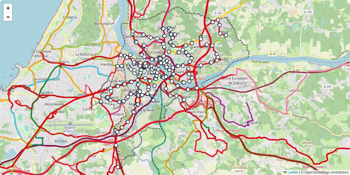 Carte du réseau de transport en commun à Bayonne - lignes de bus et arrêts