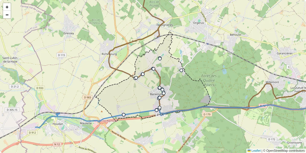 Carte du réseau de transport en commun à Bazainville - lignes de bus et arrêts