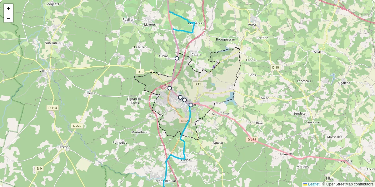 Carte du réseau de transport en commun à Bazas - lignes de bus et arrêts
