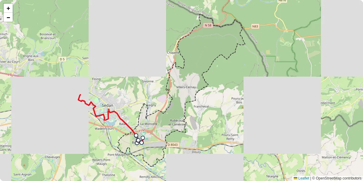 Carte du réseau de transport en commun à Bazeilles - lignes de bus et arrêts