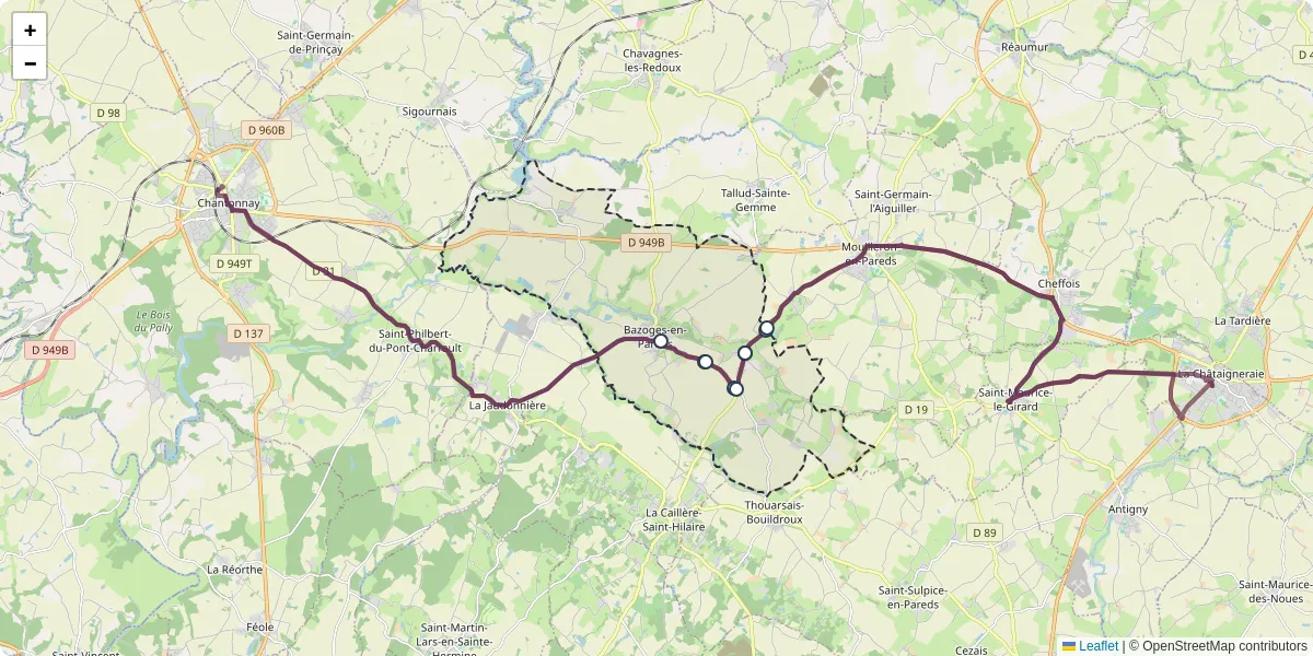 Carte du réseau de transport en commun à Bazoges-en-Pareds - lignes de bus et arrêts
