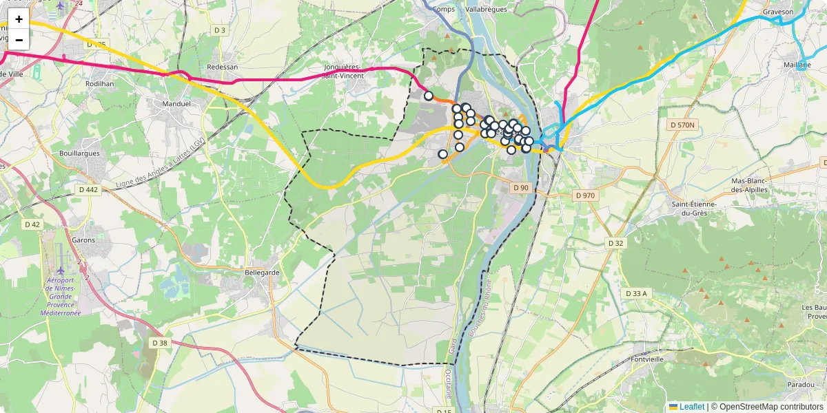 Carte du réseau de transport en commun à Beaucaire - lignes de bus et arrêts