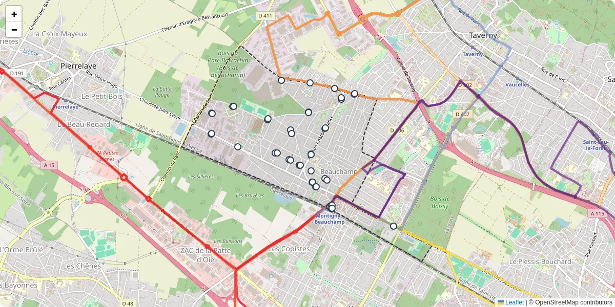 Carte du réseau de transport en commun à Beauchamp - lignes de bus et arrêts