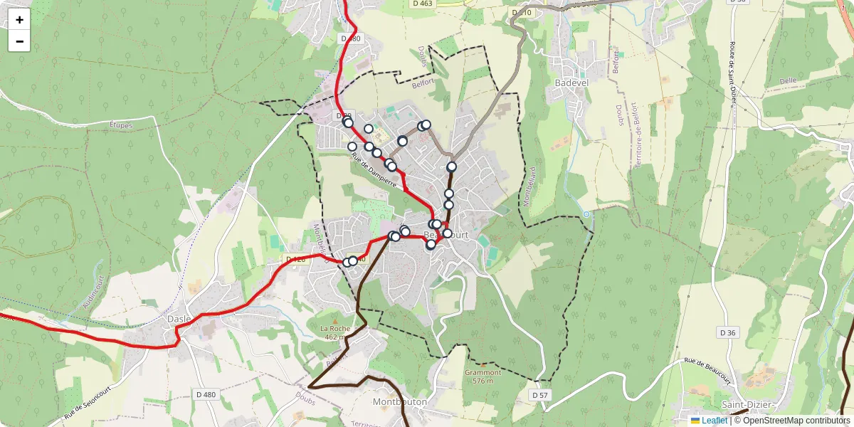 Carte du réseau de transport en commun à Beaucourt - lignes de bus et arrêts