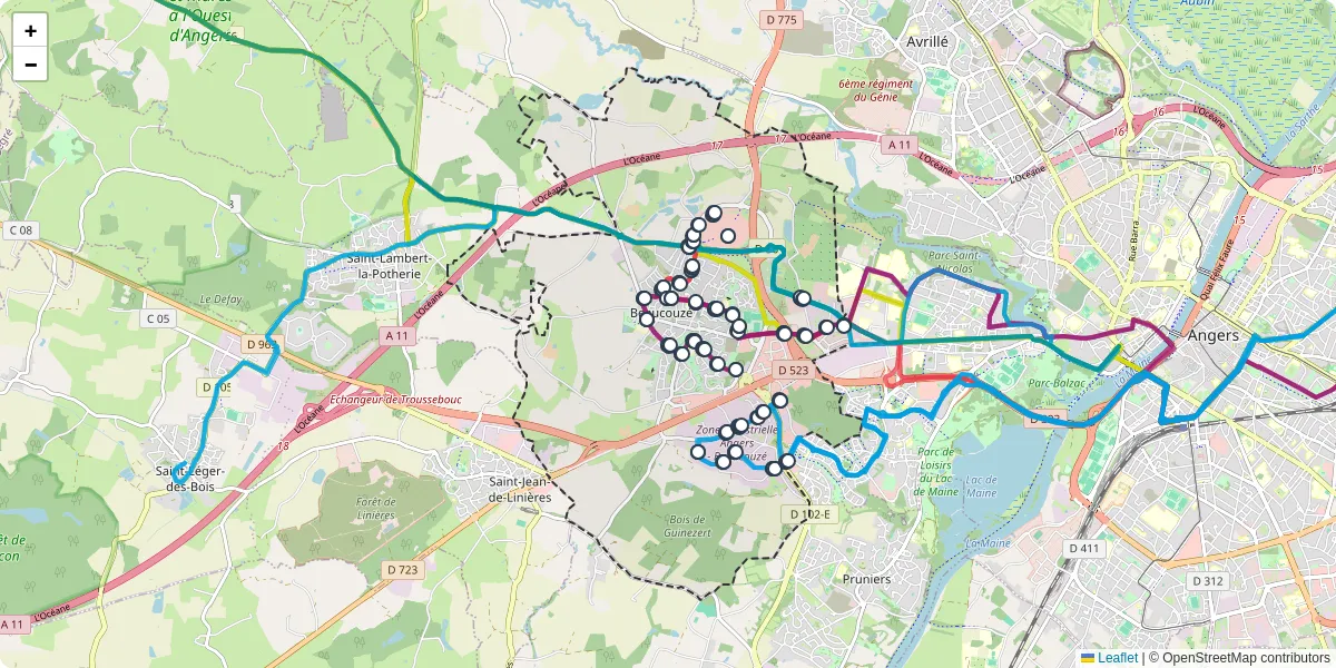Carte du réseau de transport en commun à Beaucouzé - lignes de bus et arrêts