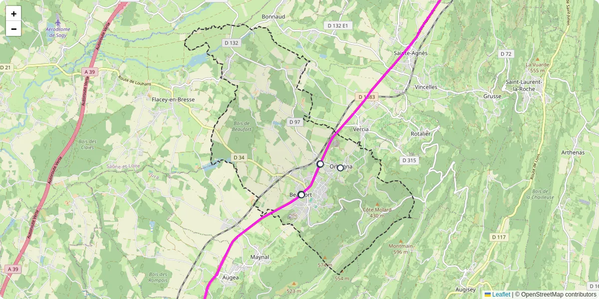 Carte du réseau de transport en commun à Beaufort-Orbagna - lignes de bus et arrêts
