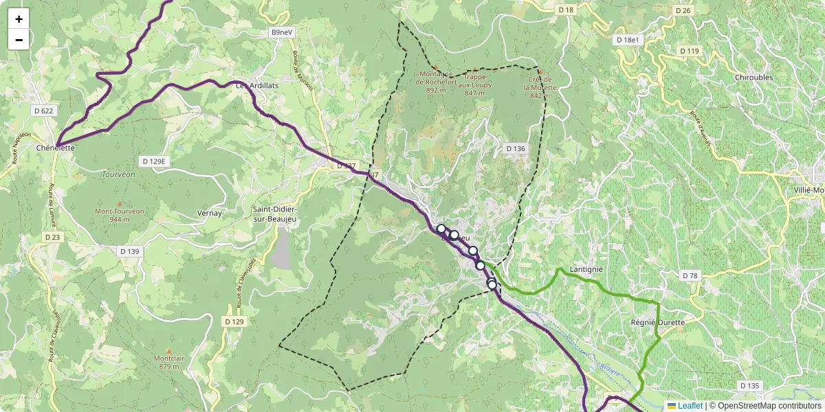Carte du réseau de transport en commun à Beaujeu - lignes de bus et arrêts