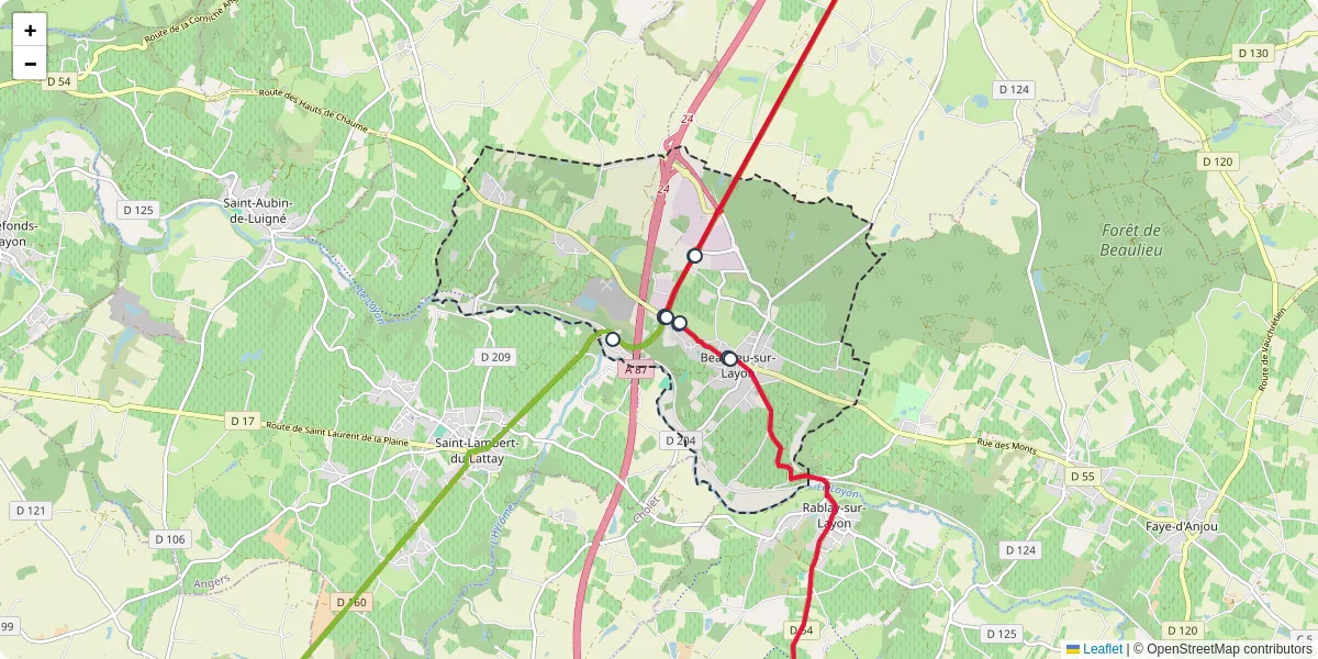 Carte du réseau de transport en commun à Beaulieu-sur-Layon - lignes de bus et arrêts
