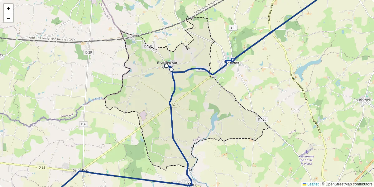 Carte du réseau de transport en commun à Beaulieu-sur-Oudon - lignes de bus et arrêts