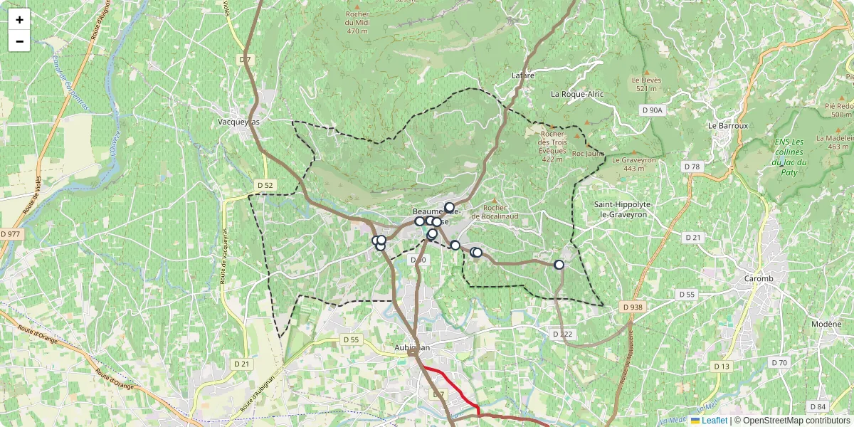 Carte du réseau de transport en commun à Beaumes-de-Venise - lignes de bus et arrêts