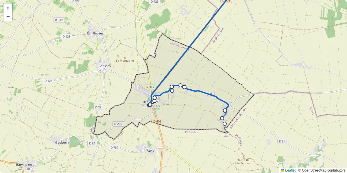 Carte du réseau de transport en commun à Beaumont-du-Gâtinais - lignes de bus et arrêts