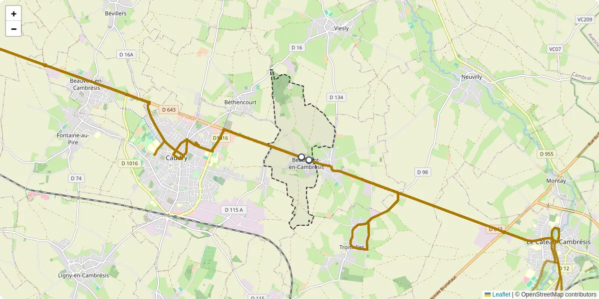 Carte du réseau de transport en commun à Beaumont-en-Cambrésis - lignes de bus et arrêts