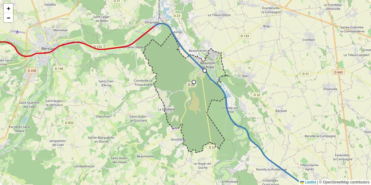 Carte du réseau de transport en commun à Beaumont-le-Roger - lignes de bus et arrêts