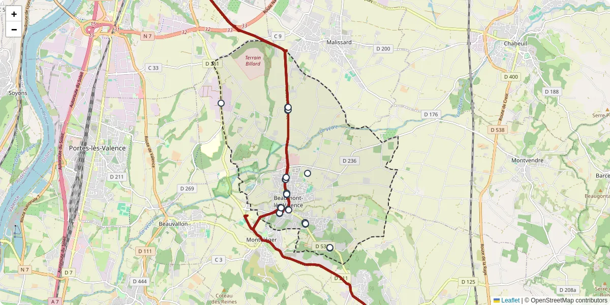 Carte du réseau de transport en commun à Beaumont-lès-Valence - lignes de bus et arrêts