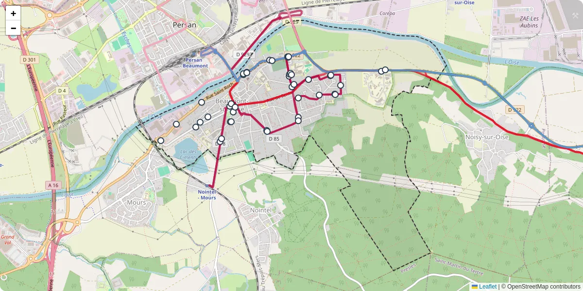 Carte du réseau de transport en commun à Beaumont-sur-Oise - lignes de bus et arrêts
