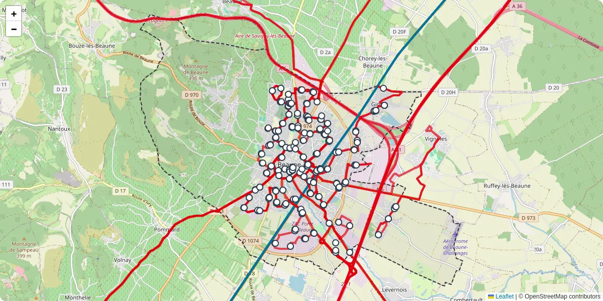 Carte du réseau de transport en commun à Beaune - lignes de bus et arrêts