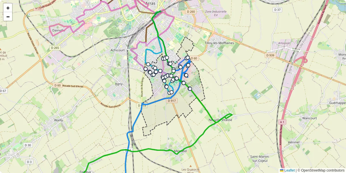 Carte du réseau de transport en commun à Beaurains - lignes de bus et arrêts
