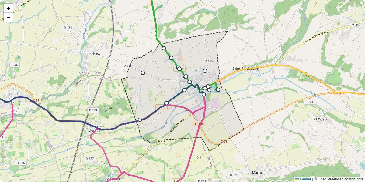 Carte du réseau de transport en commun à Beaurepaire - lignes de bus et arrêts