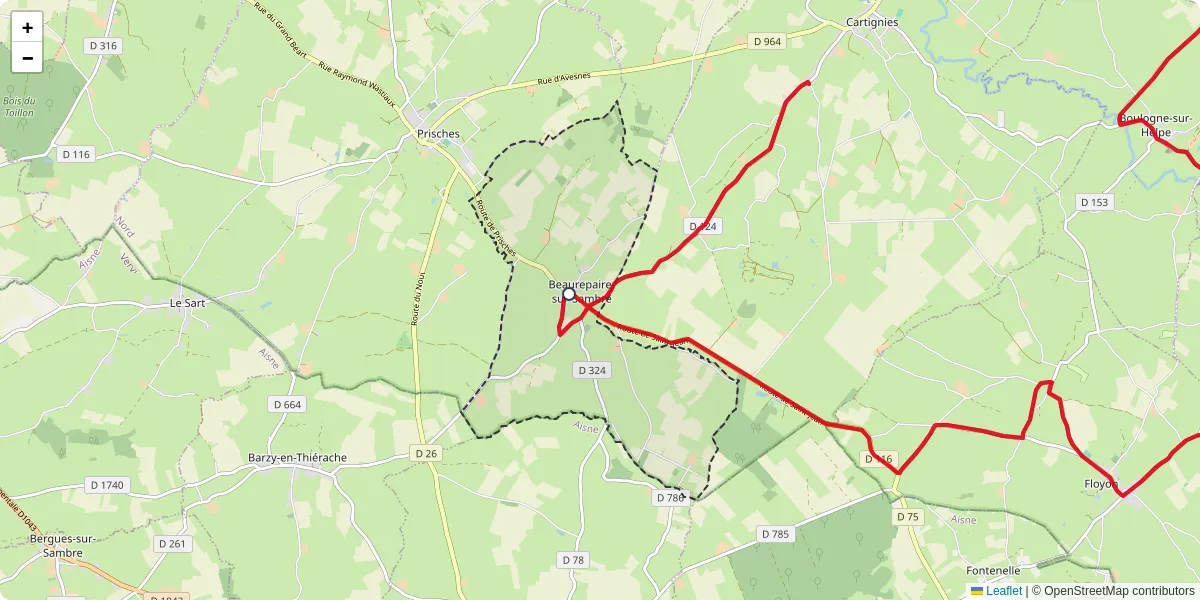 Carte du réseau de transport en commun à Beaurepaire-sur-Sambre - lignes de bus et arrêts