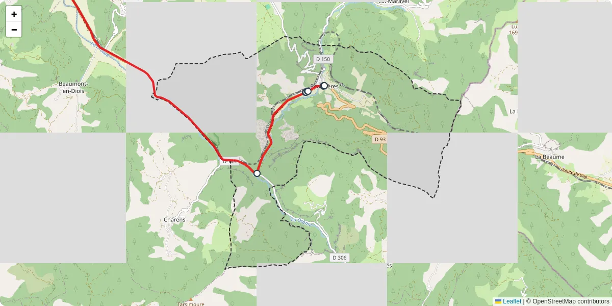 Carte du réseau de transport en commun à Beaurières - lignes de bus et arrêts