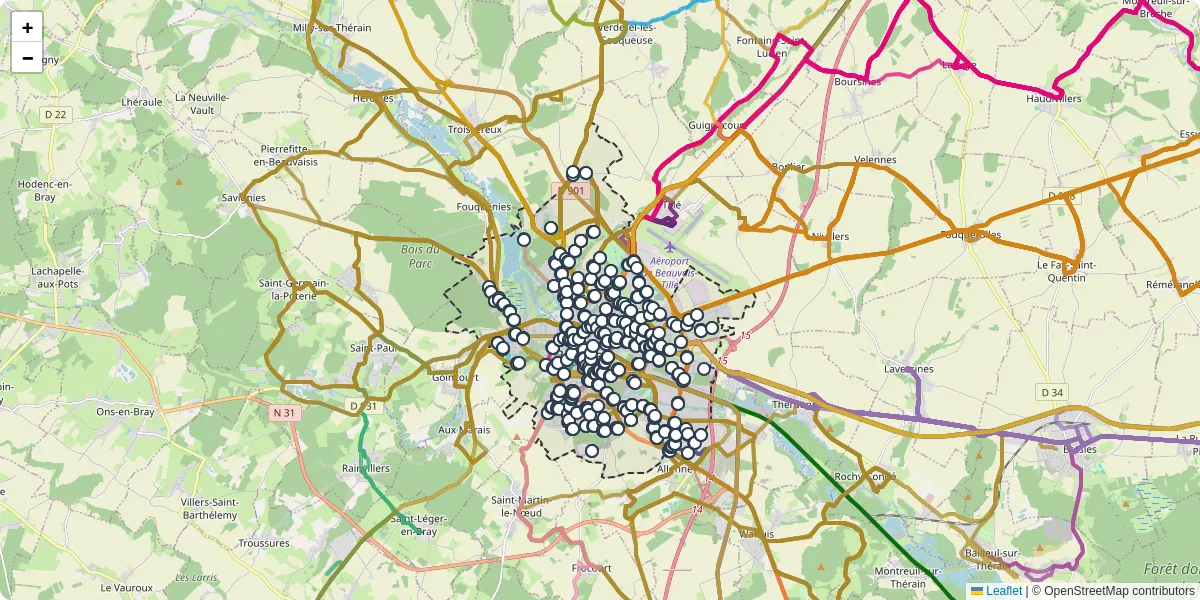 Carte du réseau de transport en commun à Beauvais - lignes de bus et arrêts