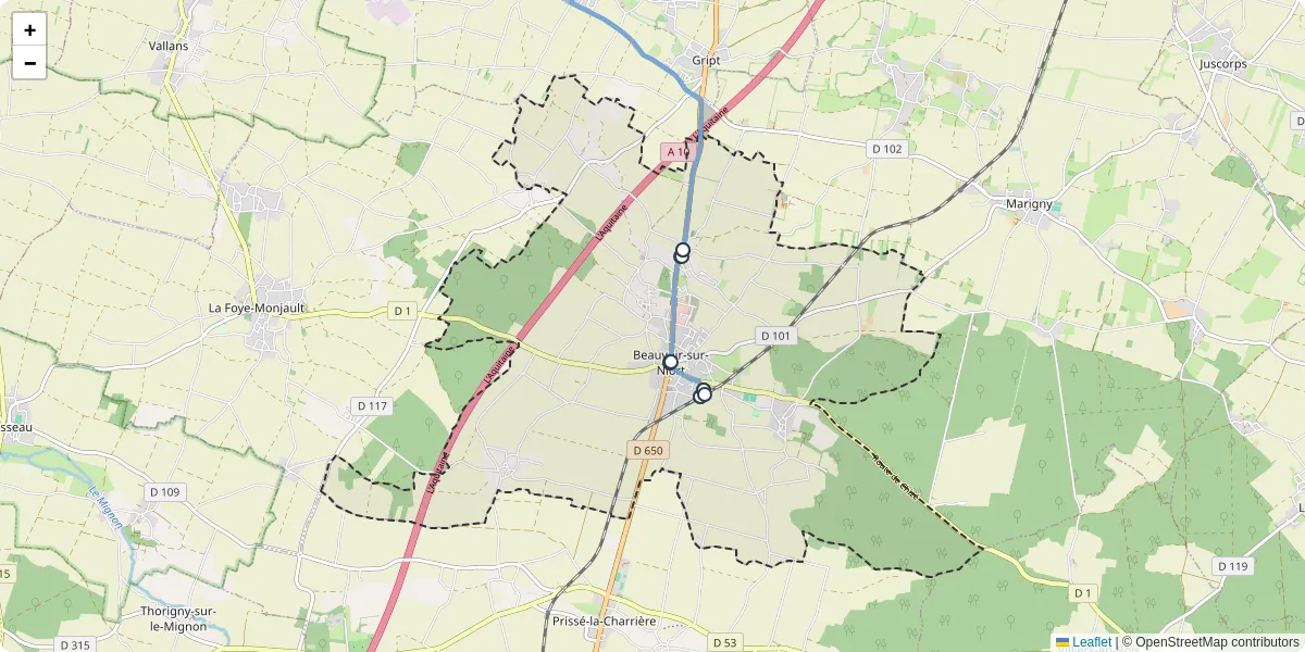 Carte du réseau de transport en commun à Beauvoir-sur-Niort - lignes de bus et arrêts