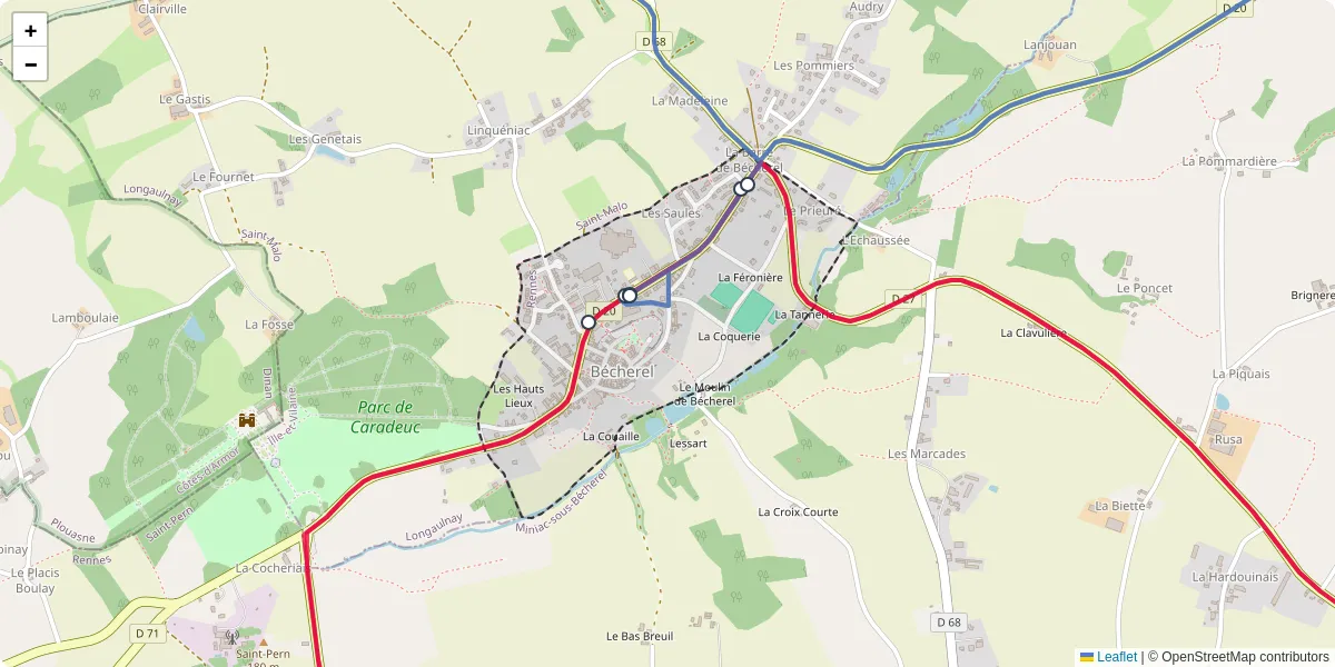 Carte du réseau de transport en commun à Bécherel - lignes de bus et arrêts