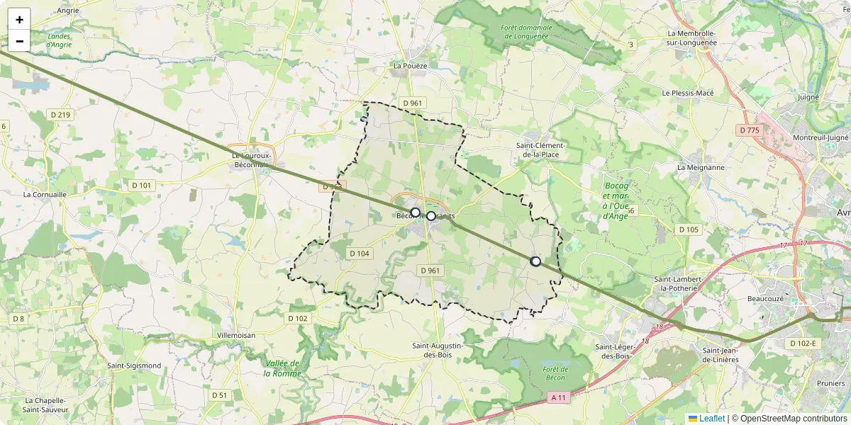 Carte du réseau de transport en commun à Bécon-les-Granits - lignes de bus et arrêts