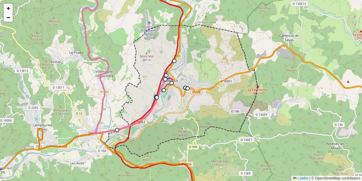 Carte du réseau de transport en commun à Bédarieux - lignes de bus et arrêts