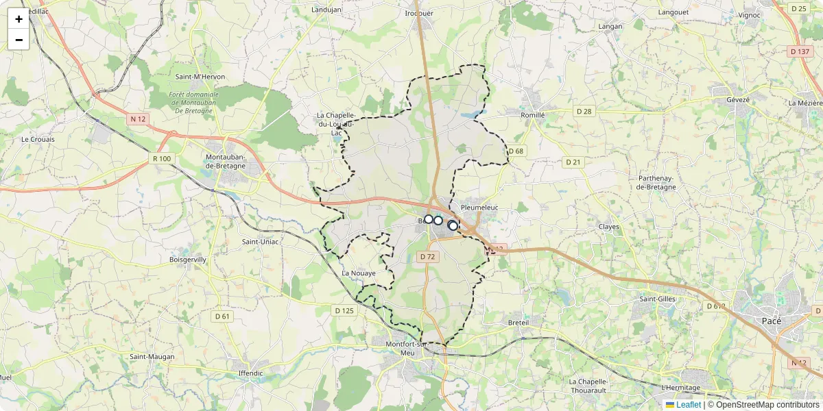 Carte du réseau de transport en commun à Bédée - lignes de bus et arrêts