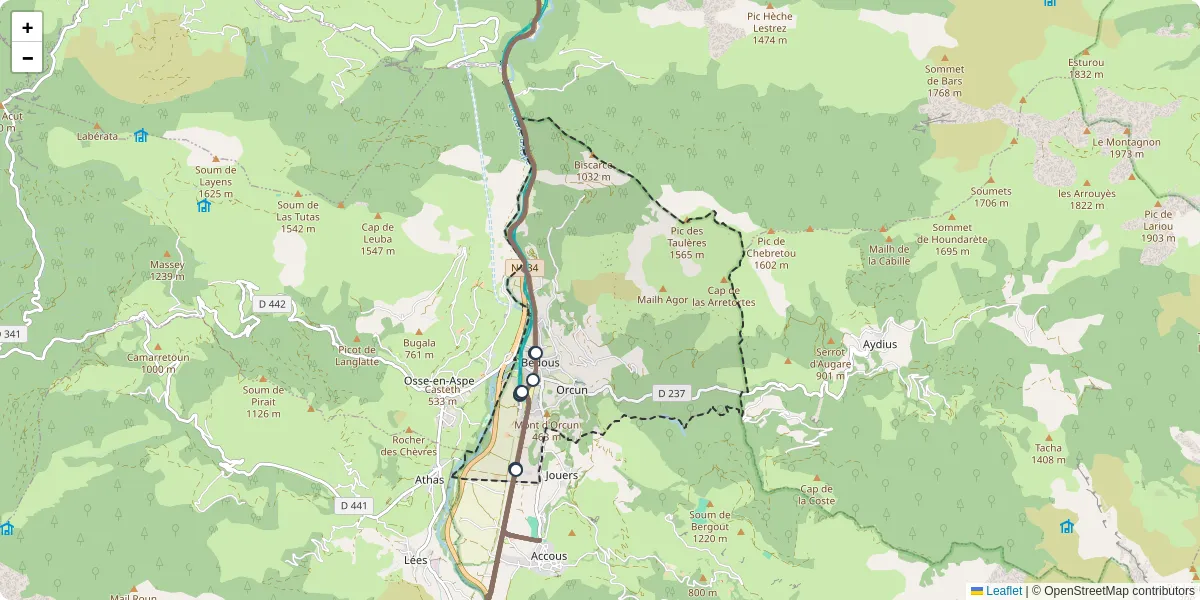 Carte du réseau de transport en commun à Bedous - lignes de bus et arrêts