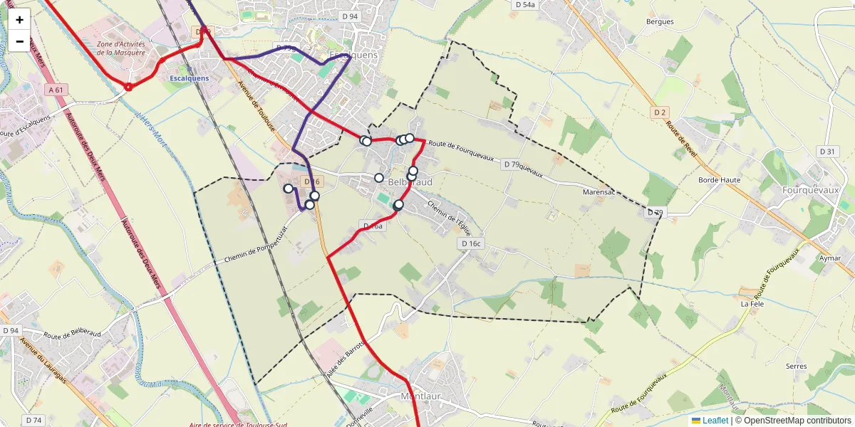 Carte du réseau de transport en commun à Belberaud - lignes de bus et arrêts