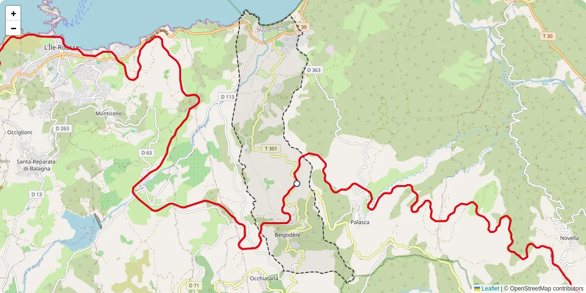 Carte du réseau de transport en commun à Belgodère - lignes de bus et arrêts