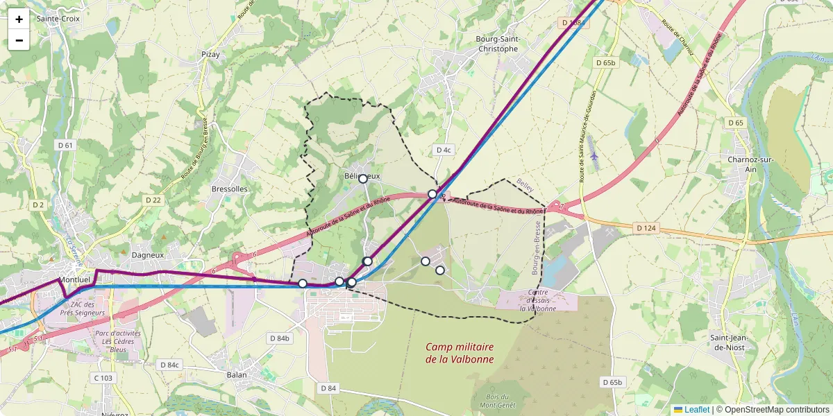 Carte du réseau de transport en commun à Béligneux - lignes de bus et arrêts